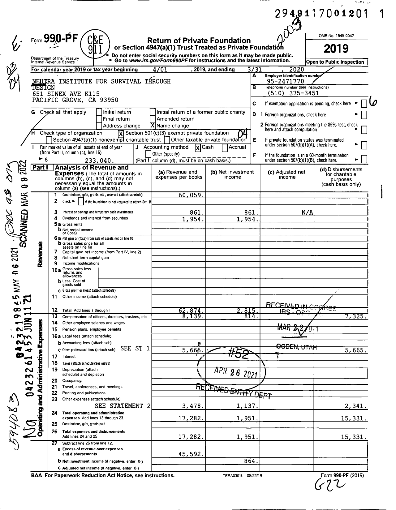 Image of first page of 2019 Form 990PF for Neutra Institute for Survival Through Design