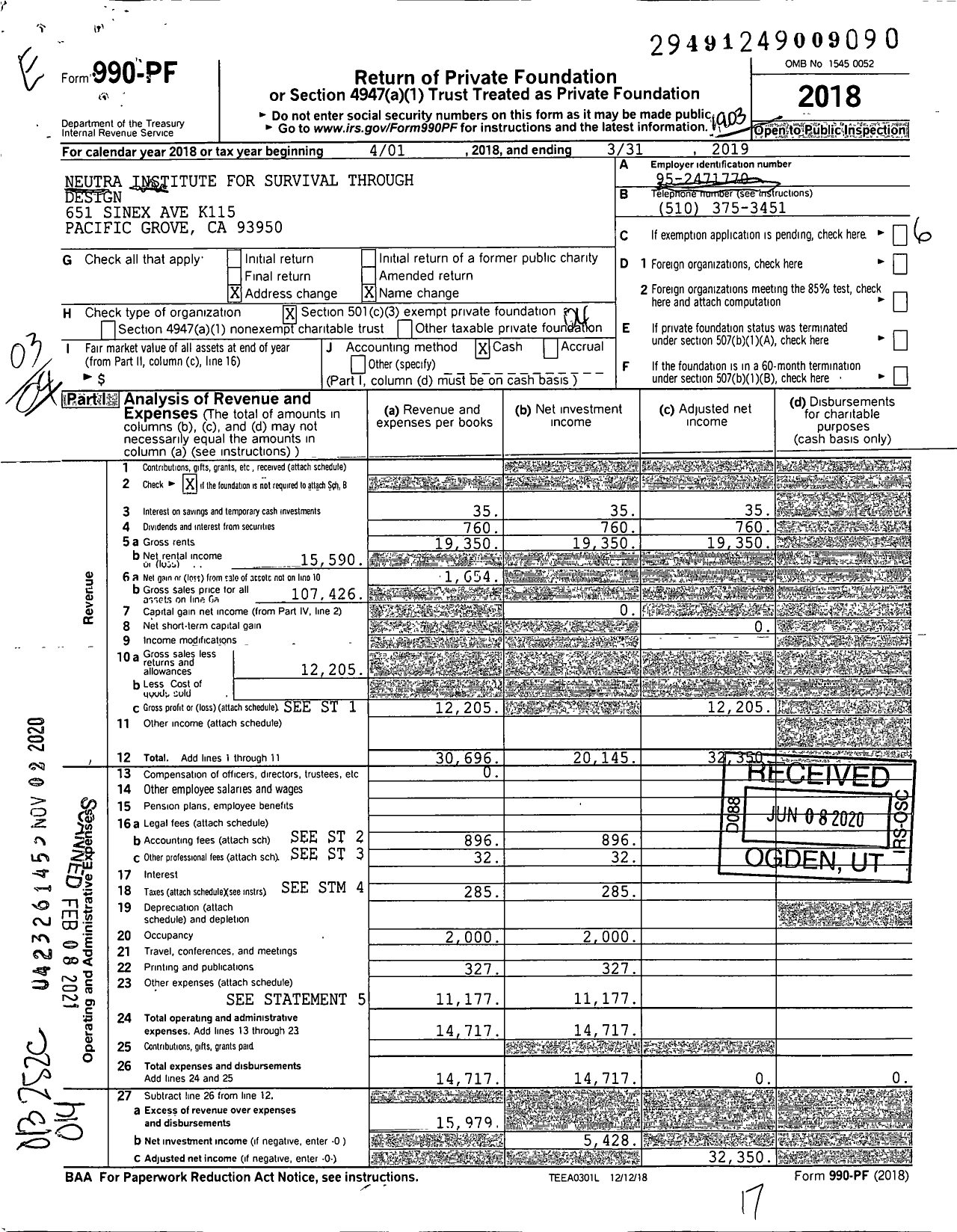 Image of first page of 2018 Form 990PF for Neutra Institute for Survival Through Design