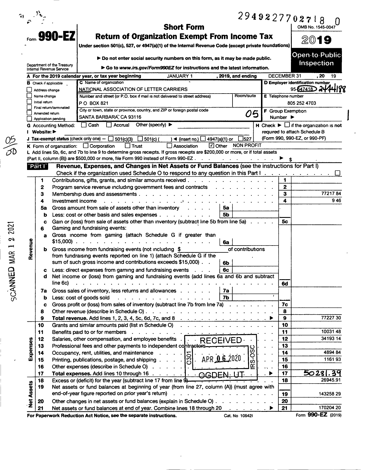 Image of first page of 2019 Form 990EO for National Association of Letter Carriers - 290 Santa Barbara California