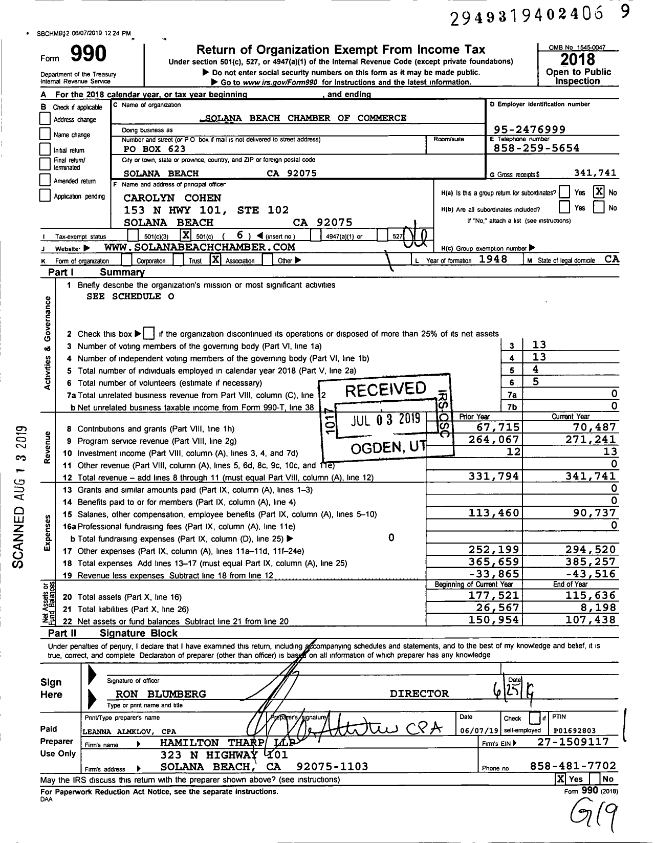 Image of first page of 2018 Form 990O for Solana Beach Chamber of Commerce