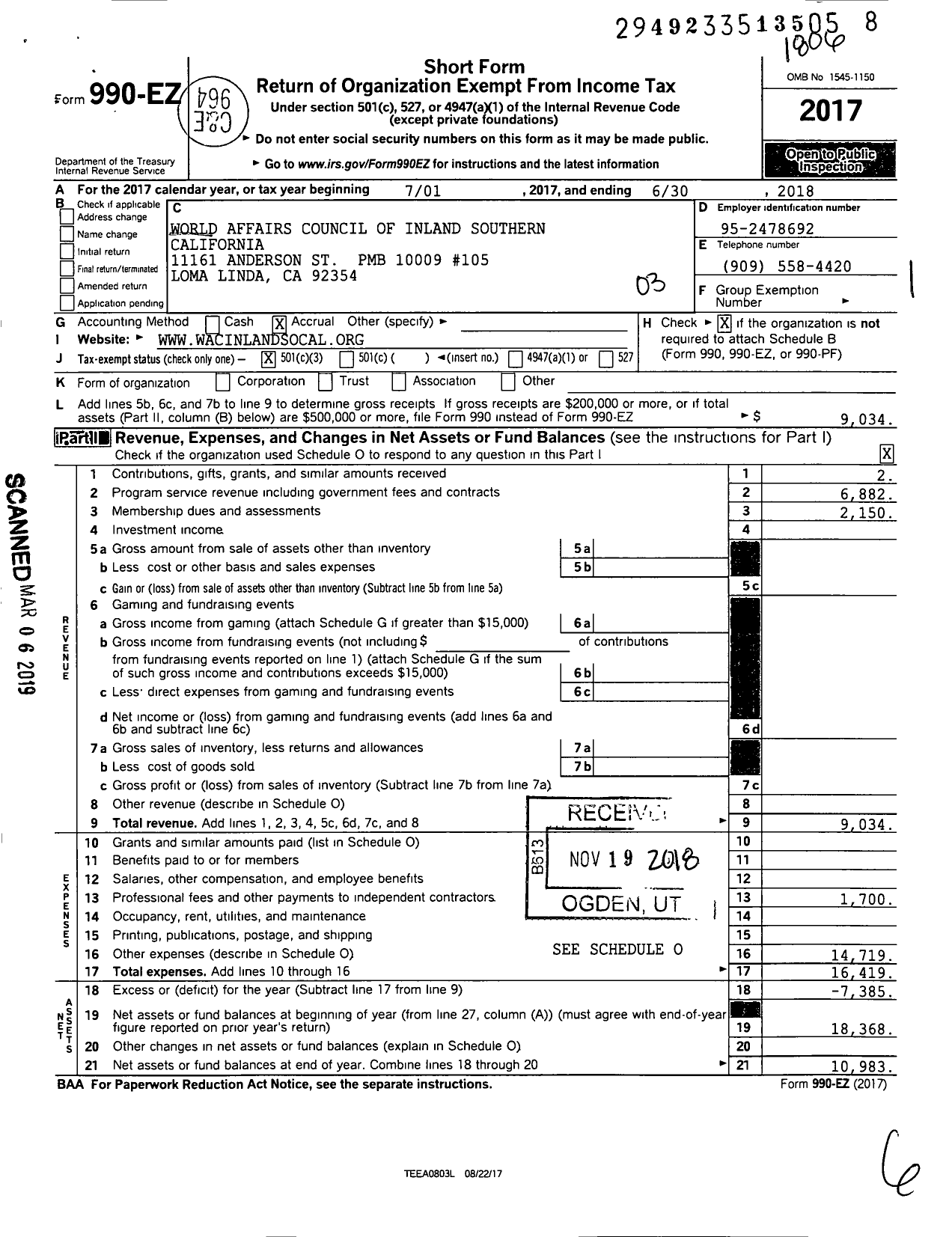 Image of first page of 2017 Form 990EZ for World Affairs Council of Inland Southern California