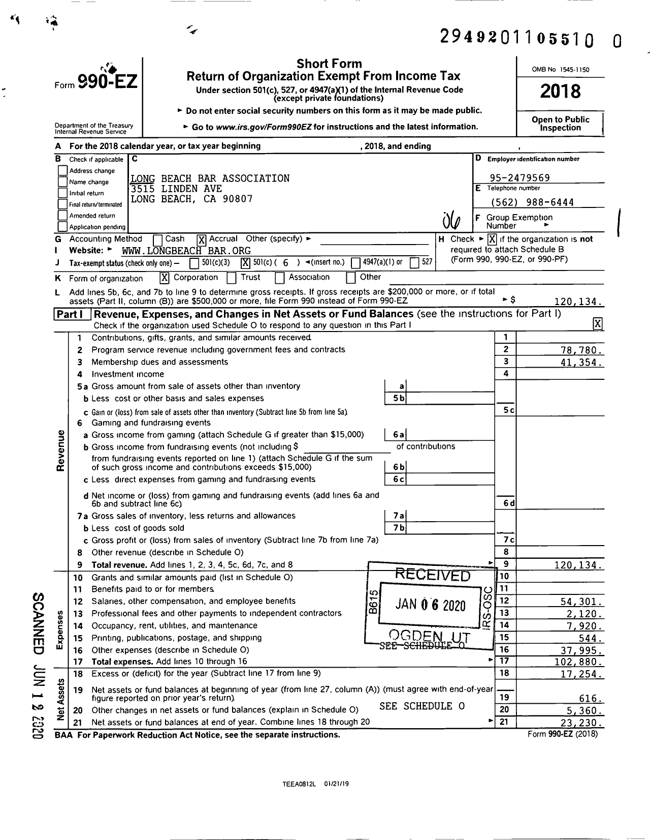 Image of first page of 2018 Form 990EO for Long Beach Bar Association