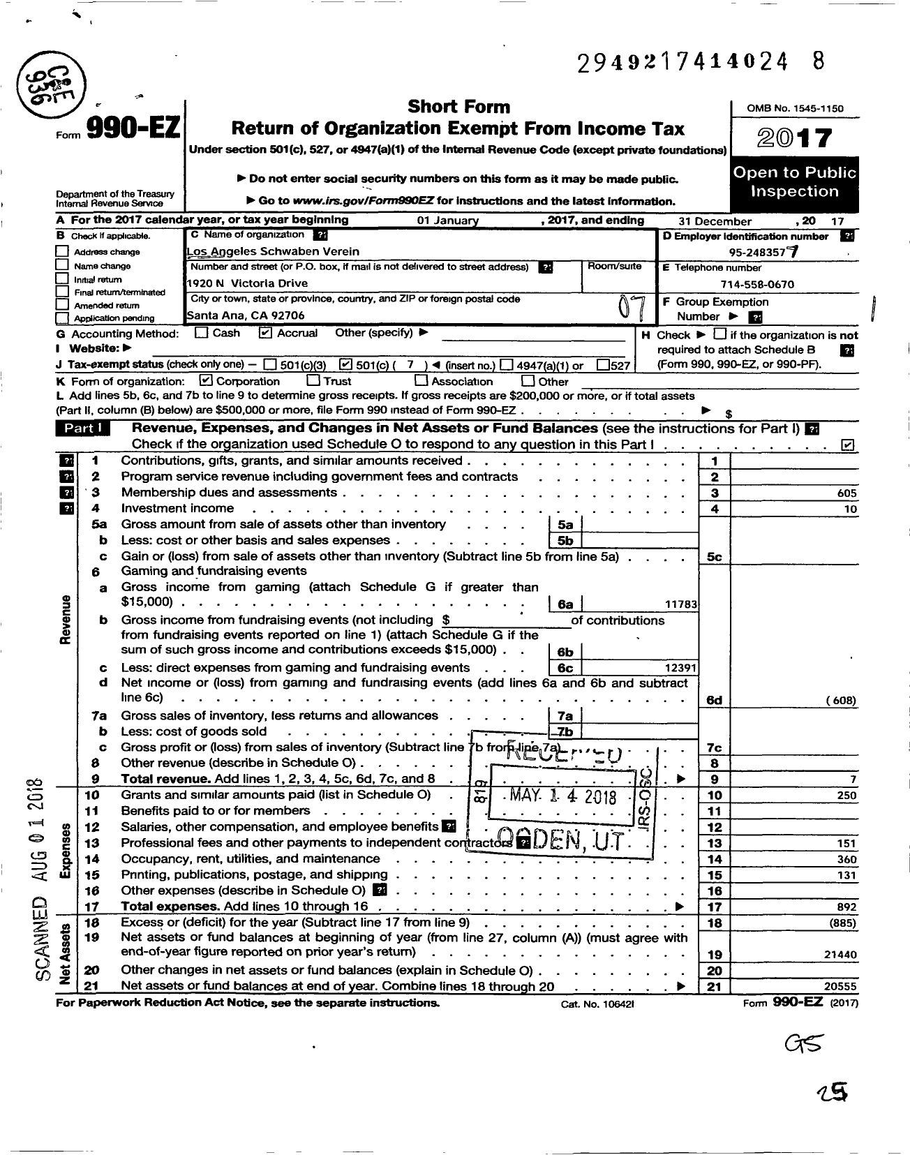 Image of first page of 2017 Form 990EO for Los Angeles Schwaben Verein