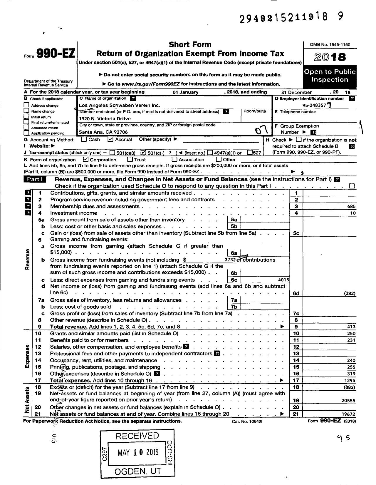 Image of first page of 2018 Form 990EO for Los Angeles Schwaben Verein