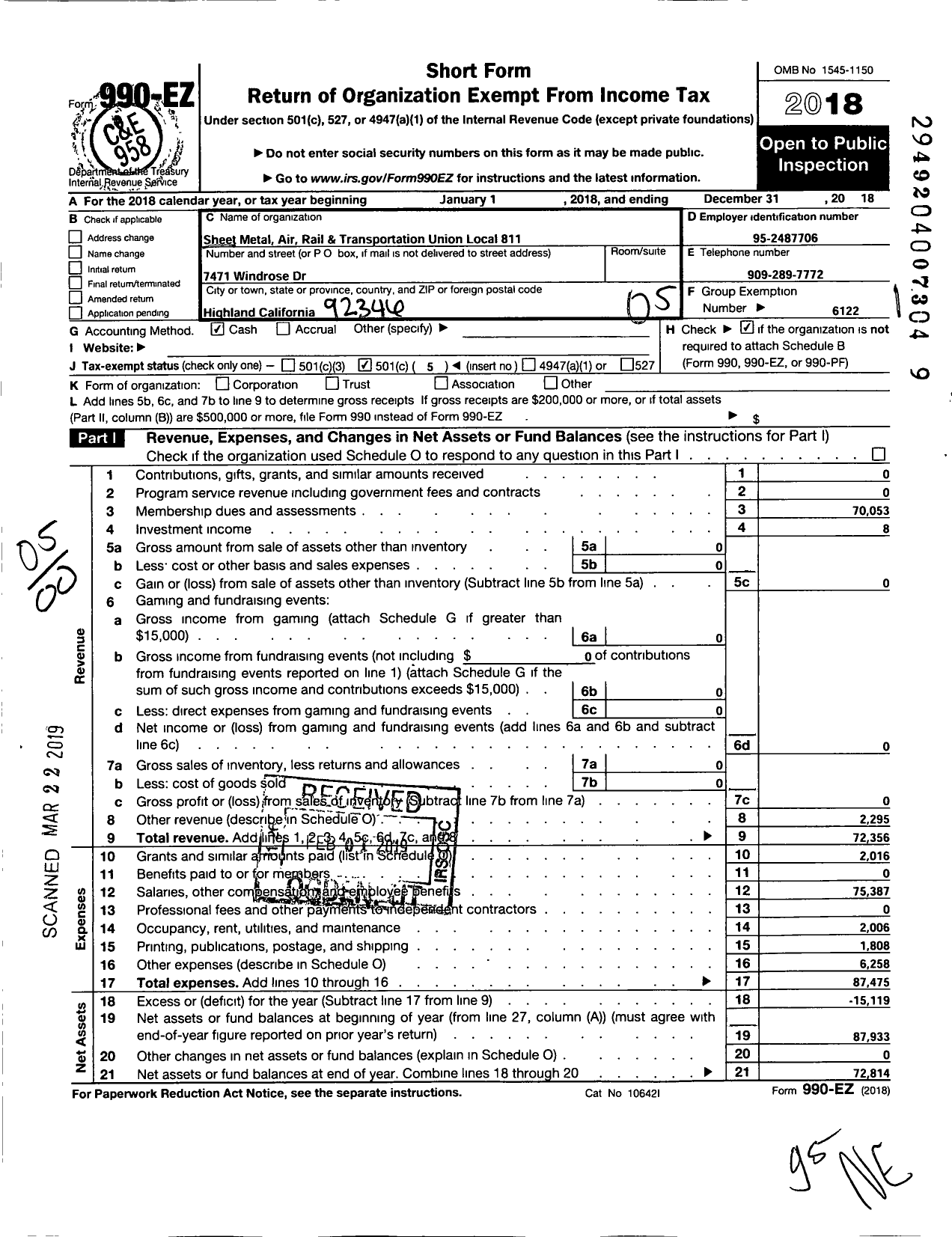 Image of first page of 2018 Form 990EO for Smart Union - 811 TD