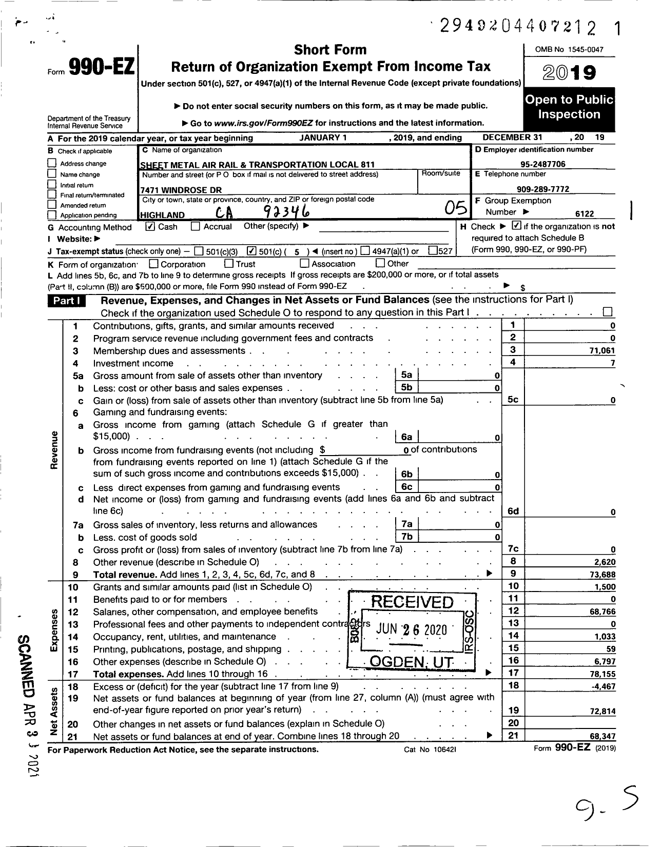 Image of first page of 2019 Form 990EO for Smart Union - 811 TD