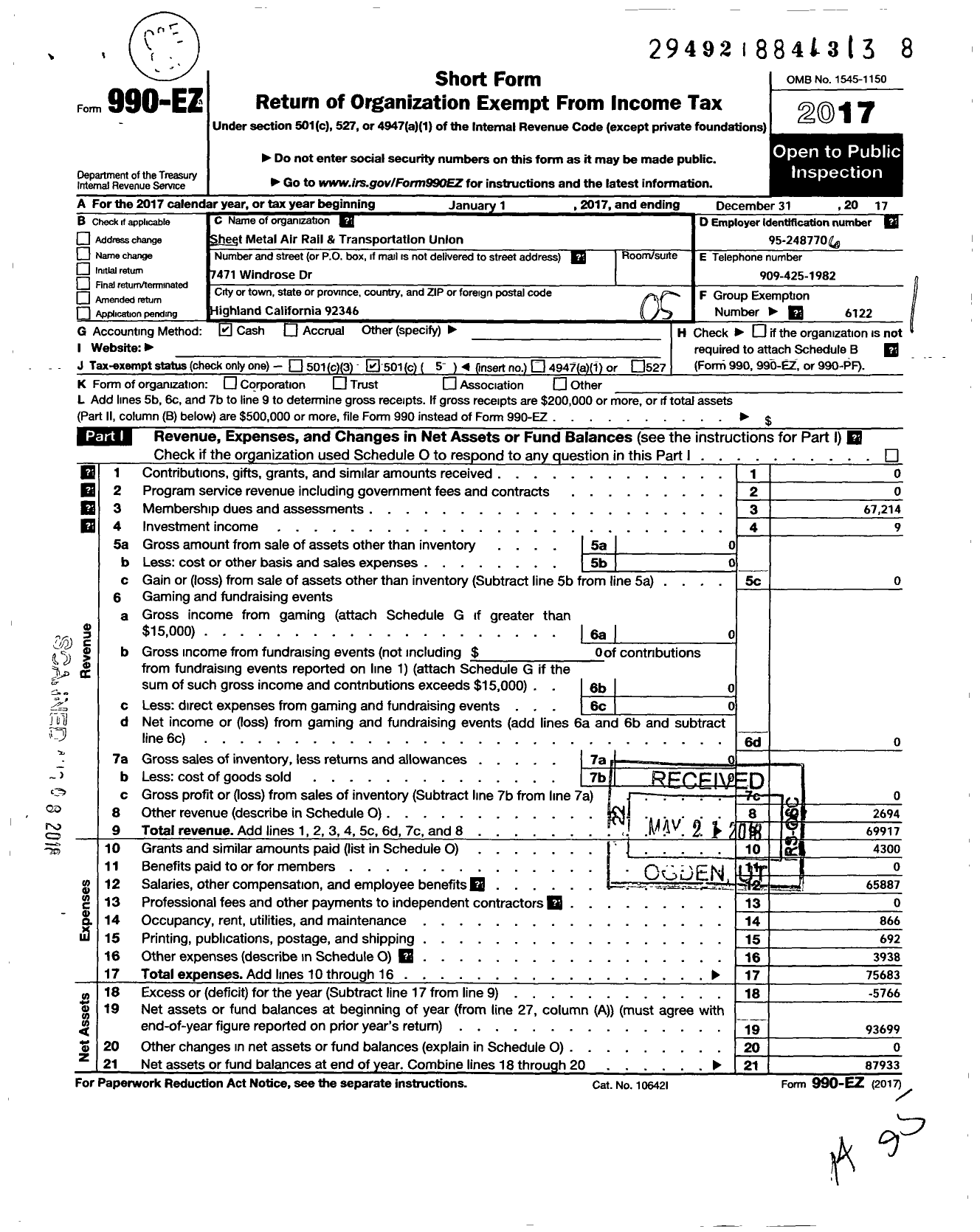 Image of first page of 2017 Form 990EO for Smart Union - 811 TD