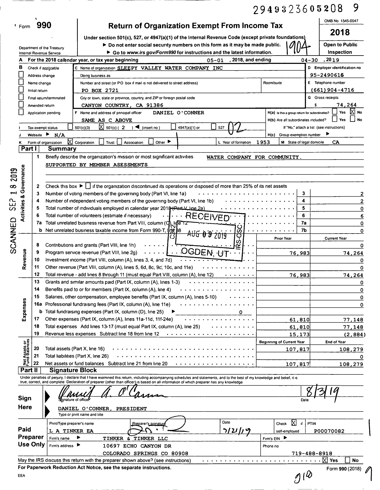 Image of first page of 2018 Form 990O for Sleepy Valley Water Company