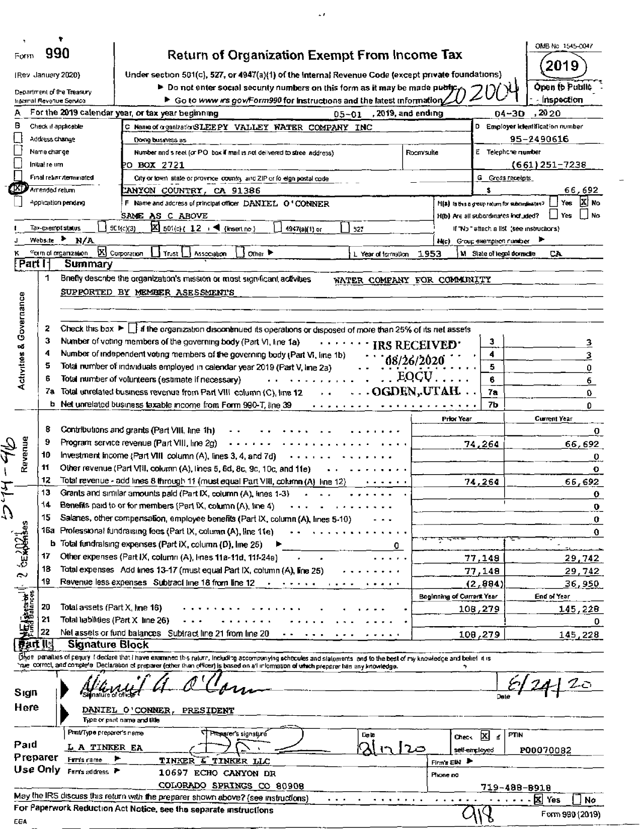 Image of first page of 2019 Form 990O for Sleepy Valley Water Company