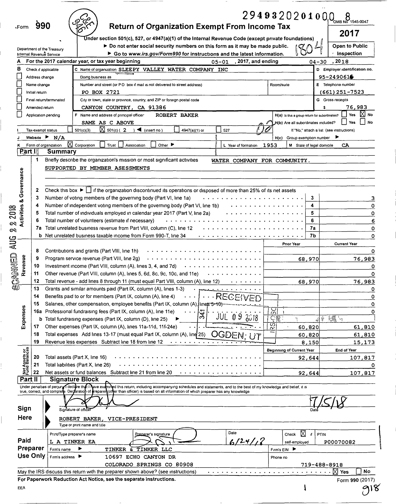 Image of first page of 2017 Form 990O for Sleepy Valley Water Company