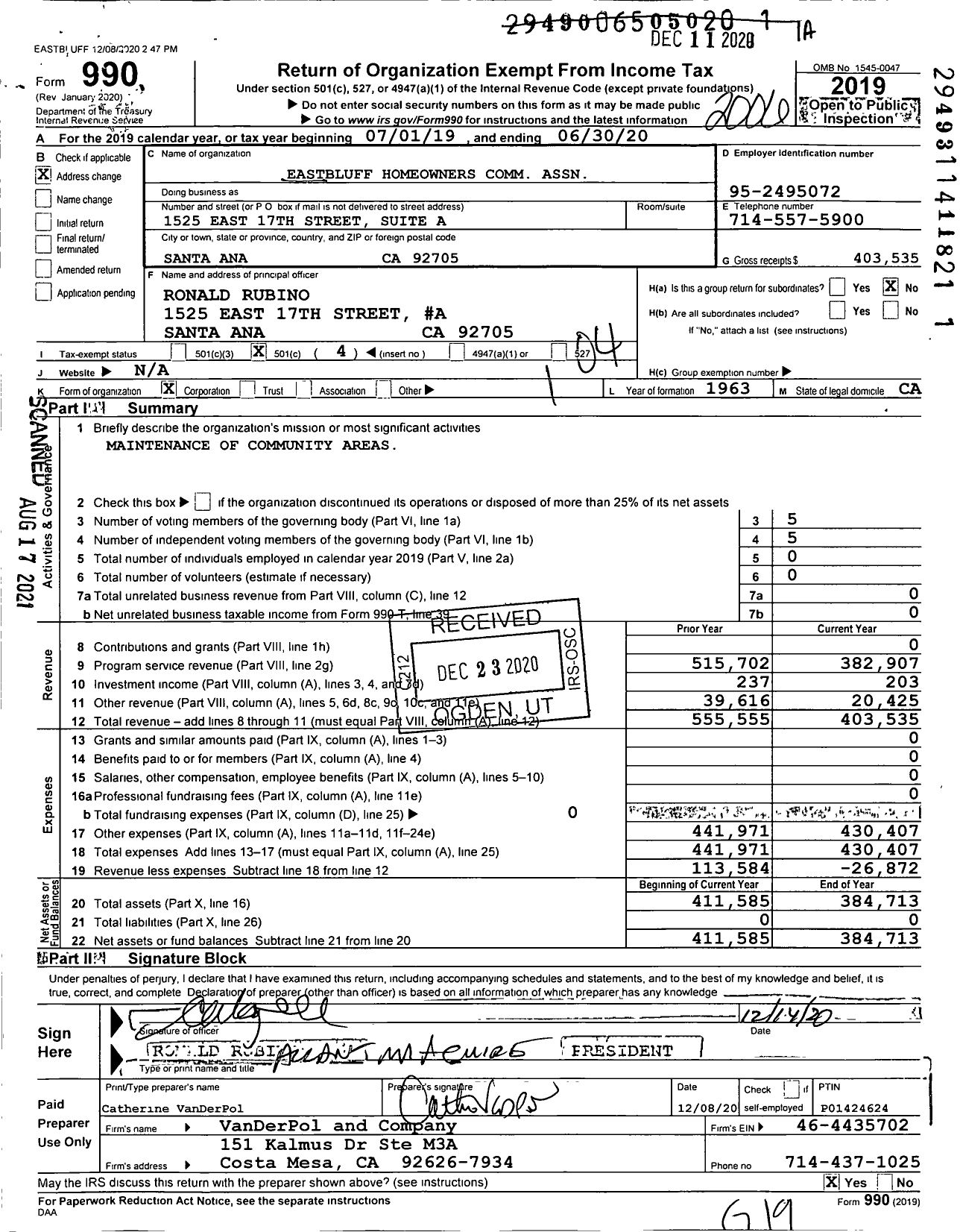 Image of first page of 2019 Form 990O for Eastbluff Homeowners Comm Association