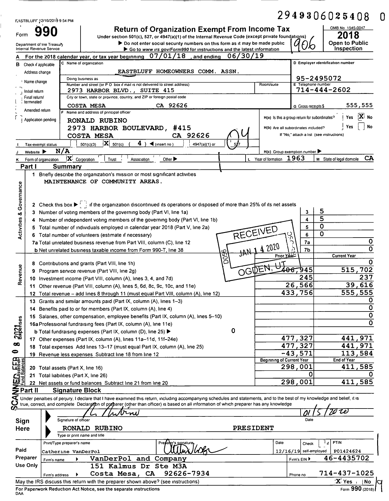 Image of first page of 2018 Form 990O for Eastbluff Homeowners Comm Association