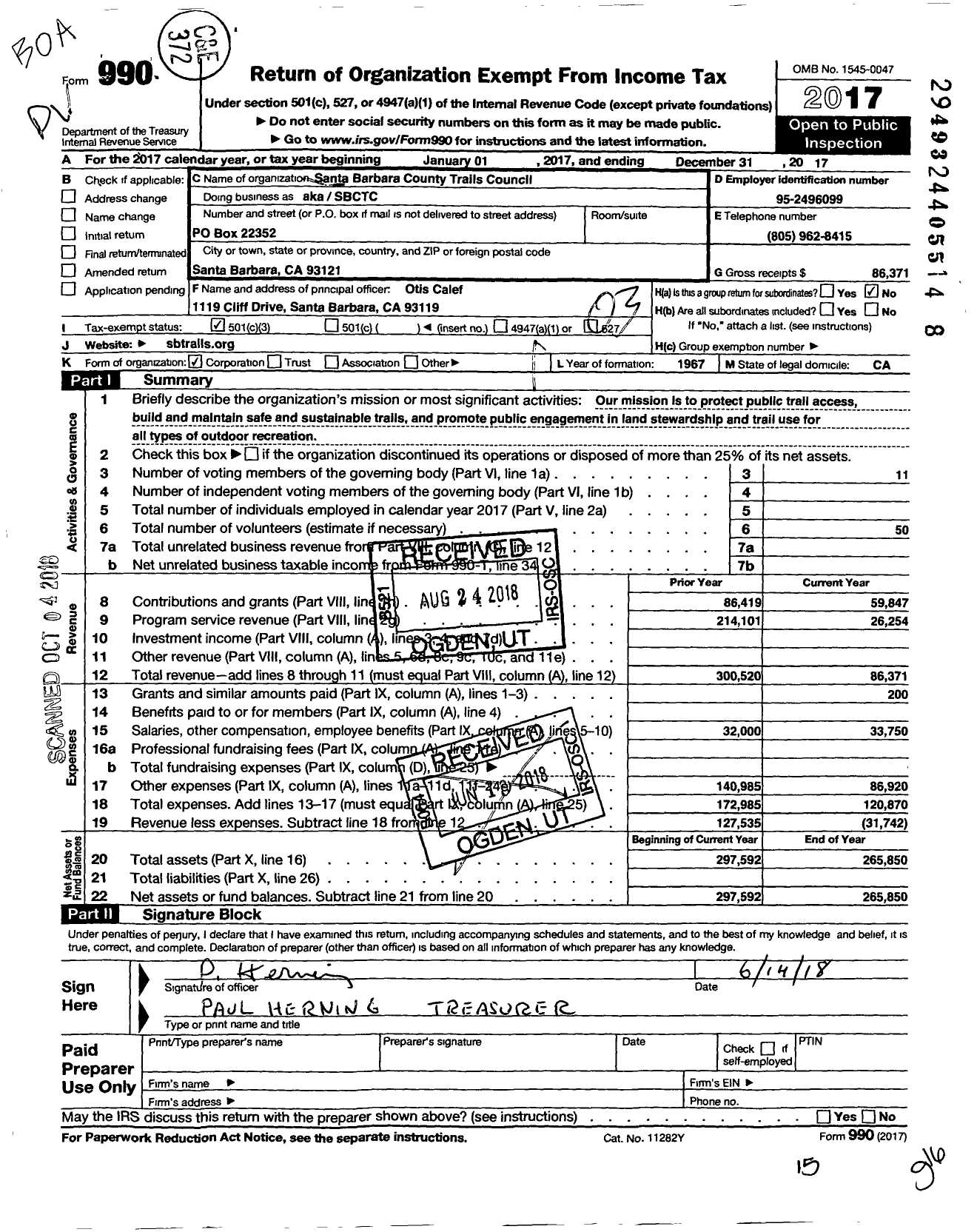 Image of first page of 2017 Form 990 for Santa Barbara County Trails Council