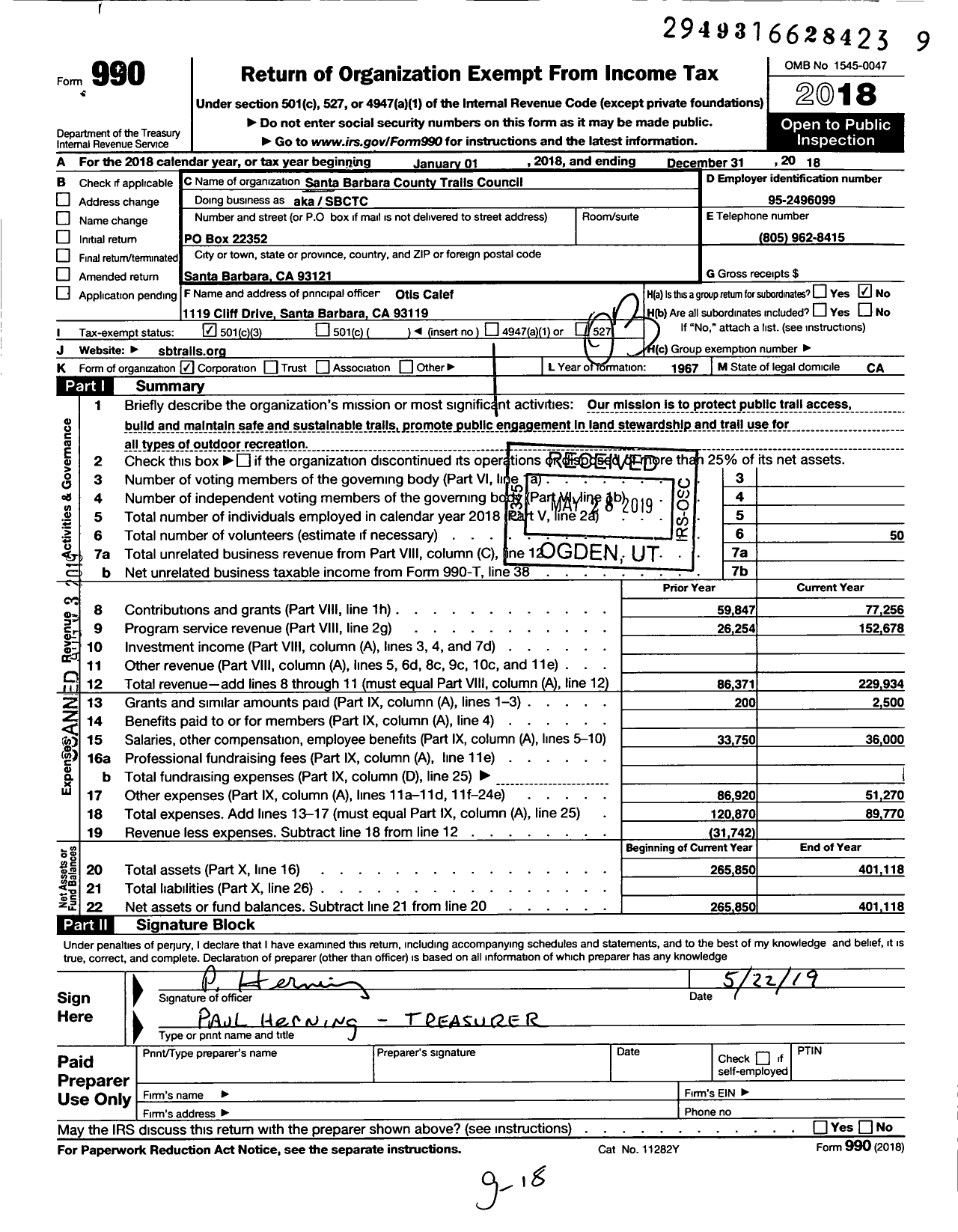 Image of first page of 2018 Form 990 for Santa Barbara County Trails Council
