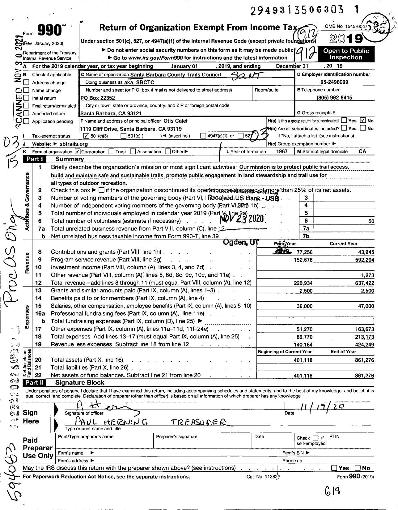 Image of first page of 2019 Form 990 for Santa Barbara County Trails Council