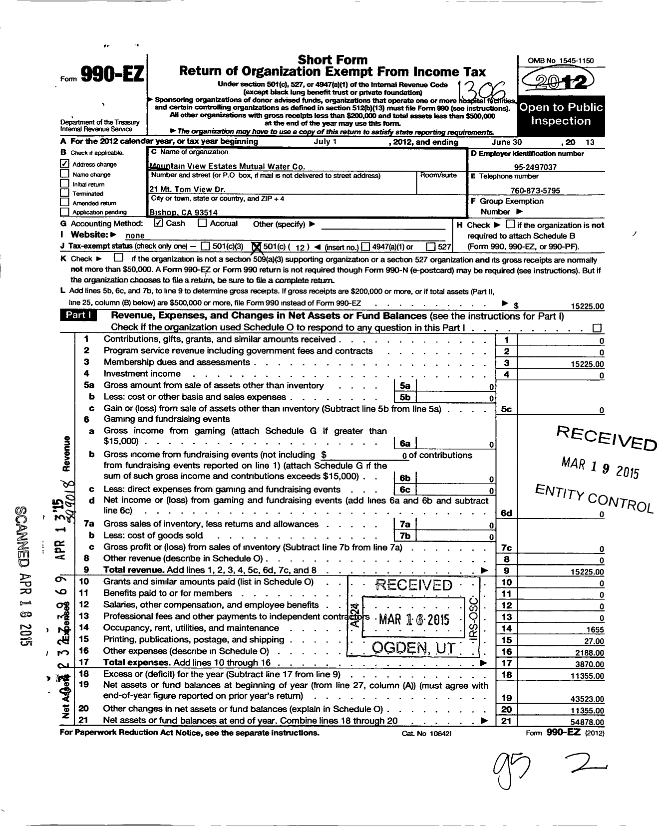 Image of first page of 2012 Form 990EO for Mountain View Estates Mutual Water Company