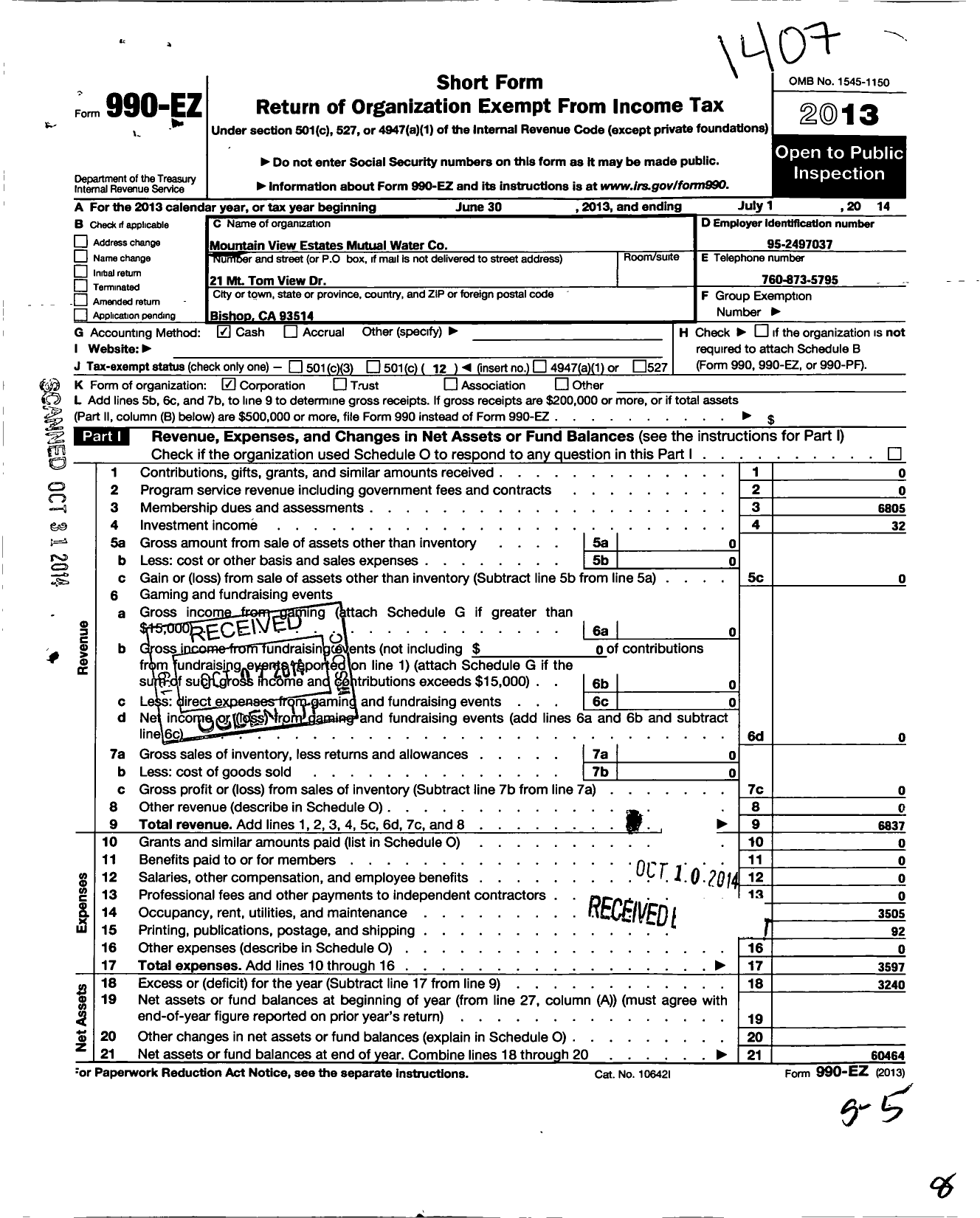 Image of first page of 2013 Form 990EO for Mountain View Estates Mutual Water Company