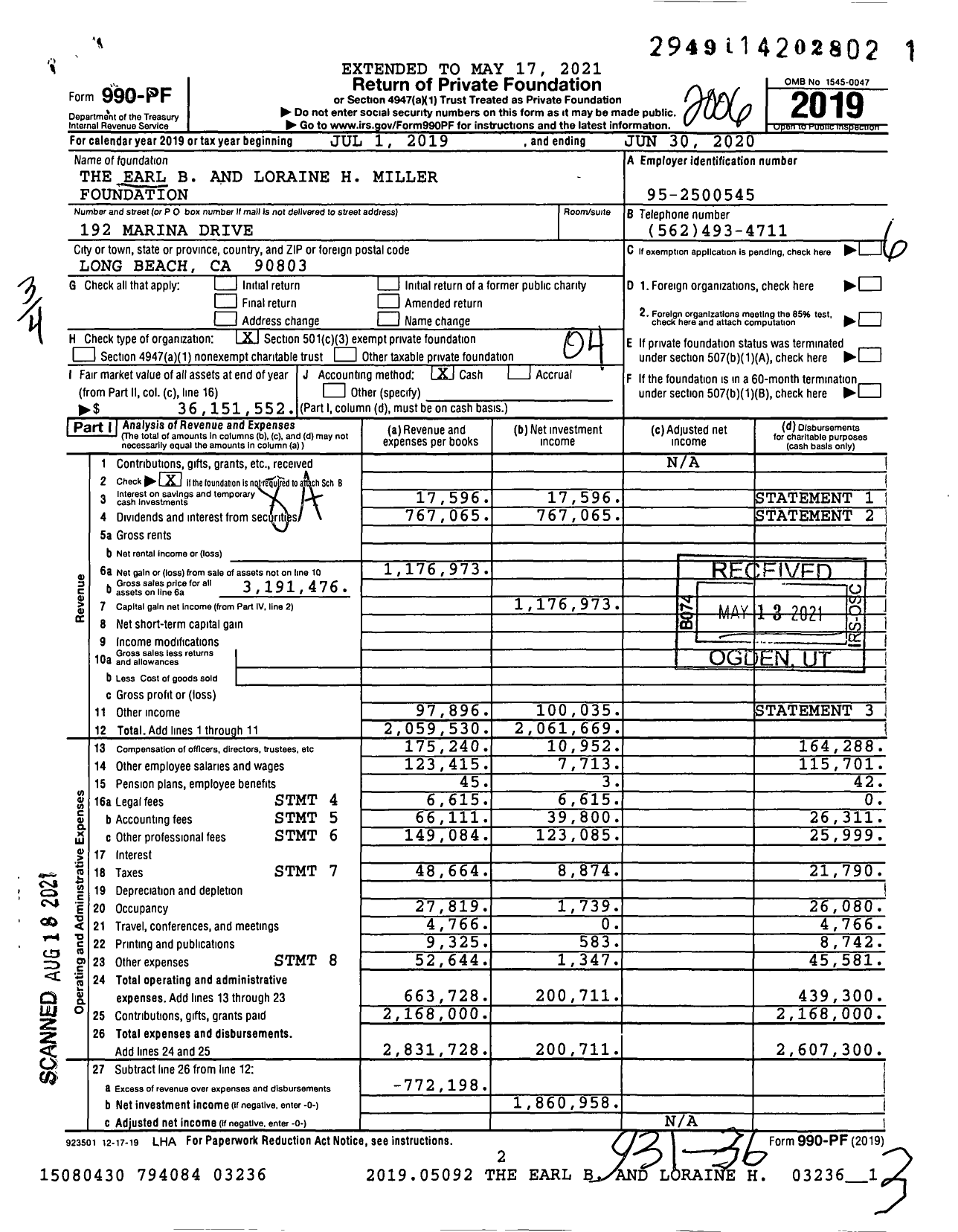 Image of first page of 2019 Form 990PF for Earl B and Loraine H Miller Foundation