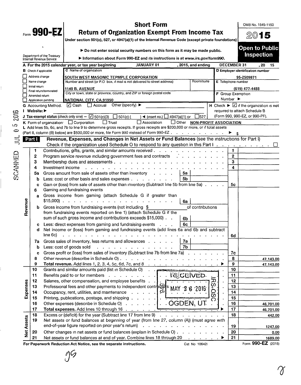 Image of first page of 2015 Form 990EZ for South West Masonic Temple Corporation