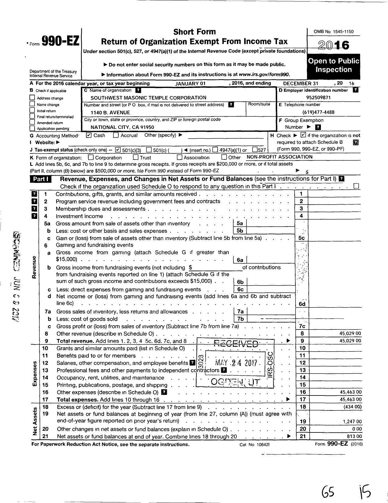 Image of first page of 2016 Form 990EZ for South West Masonic Temple Corporation