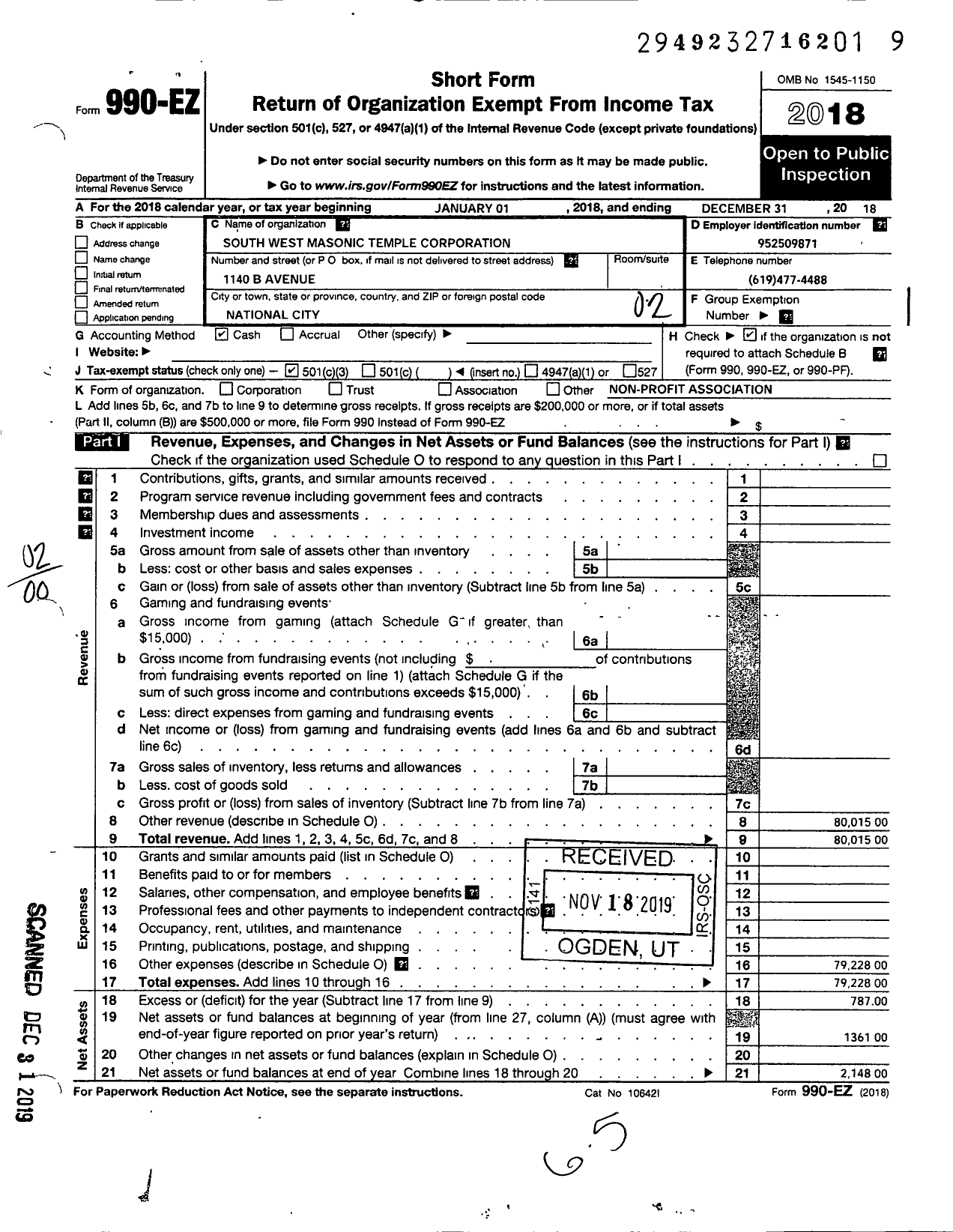 Image of first page of 2018 Form 990EO for South West Masonic Temple Corporation