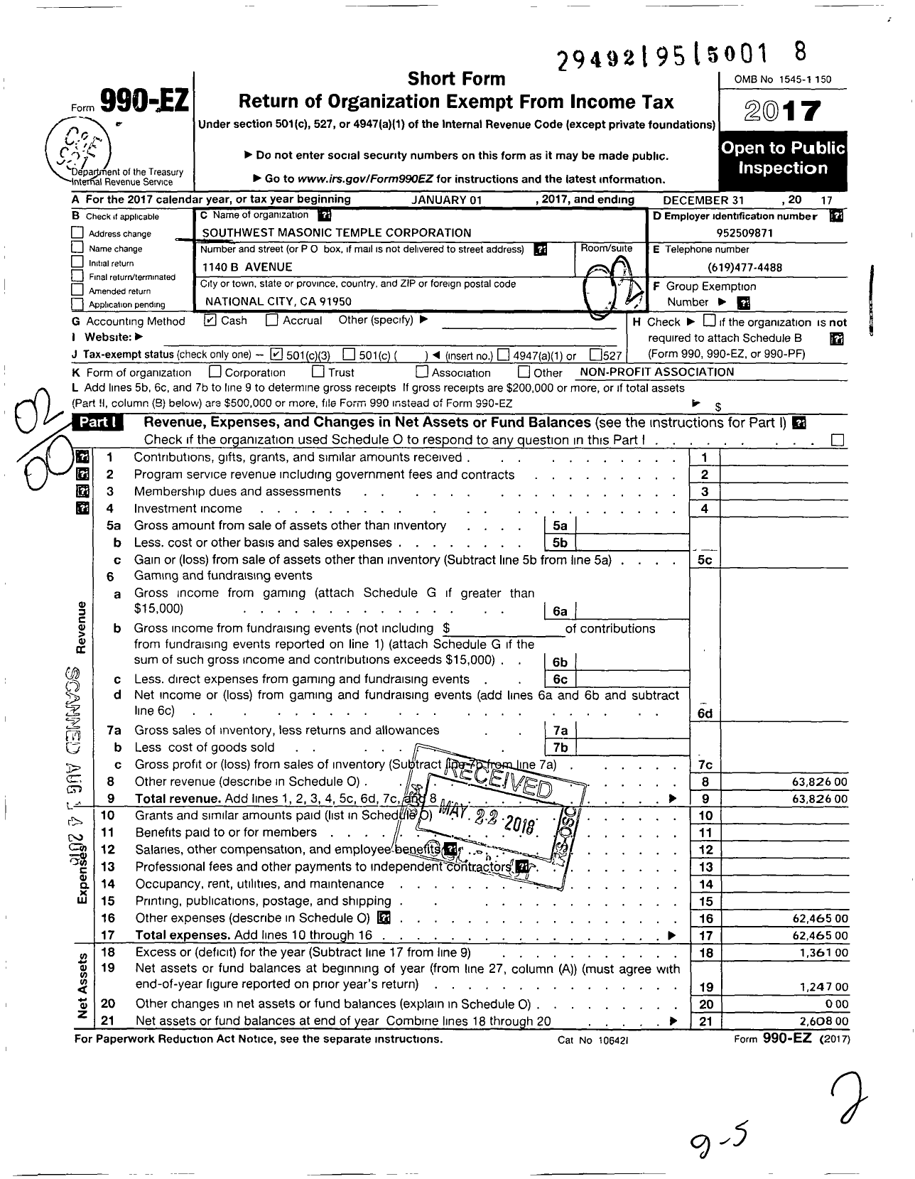 Image of first page of 2017 Form 990EO for South West Masonic Temple Corporation