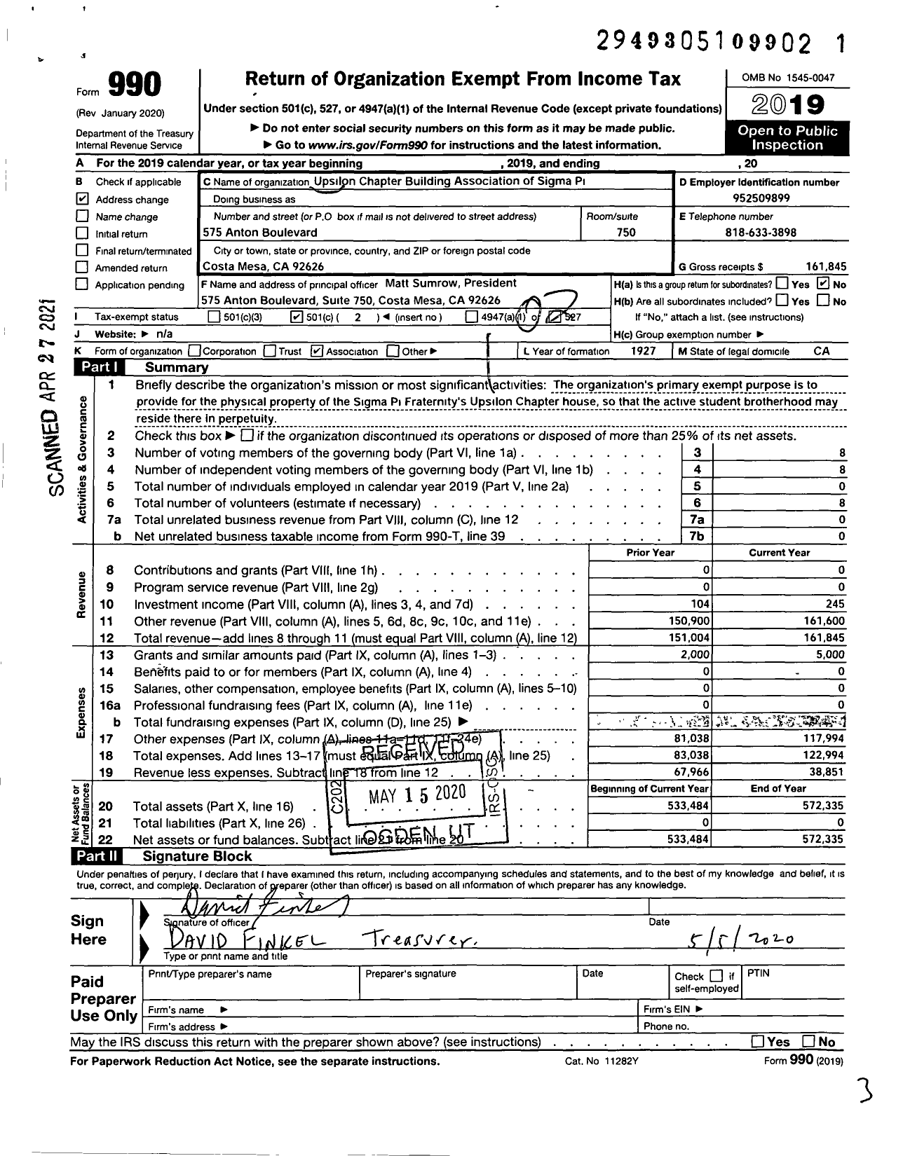 Image of first page of 2019 Form 990O for Upsilon Chapter Building Association of Sigma Pi