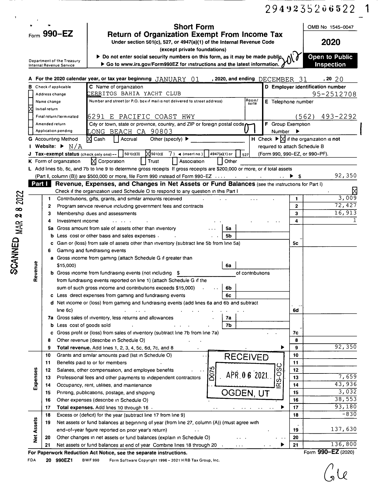 Image of first page of 2020 Form 990EO for Cerritos Bahia Yacht Club