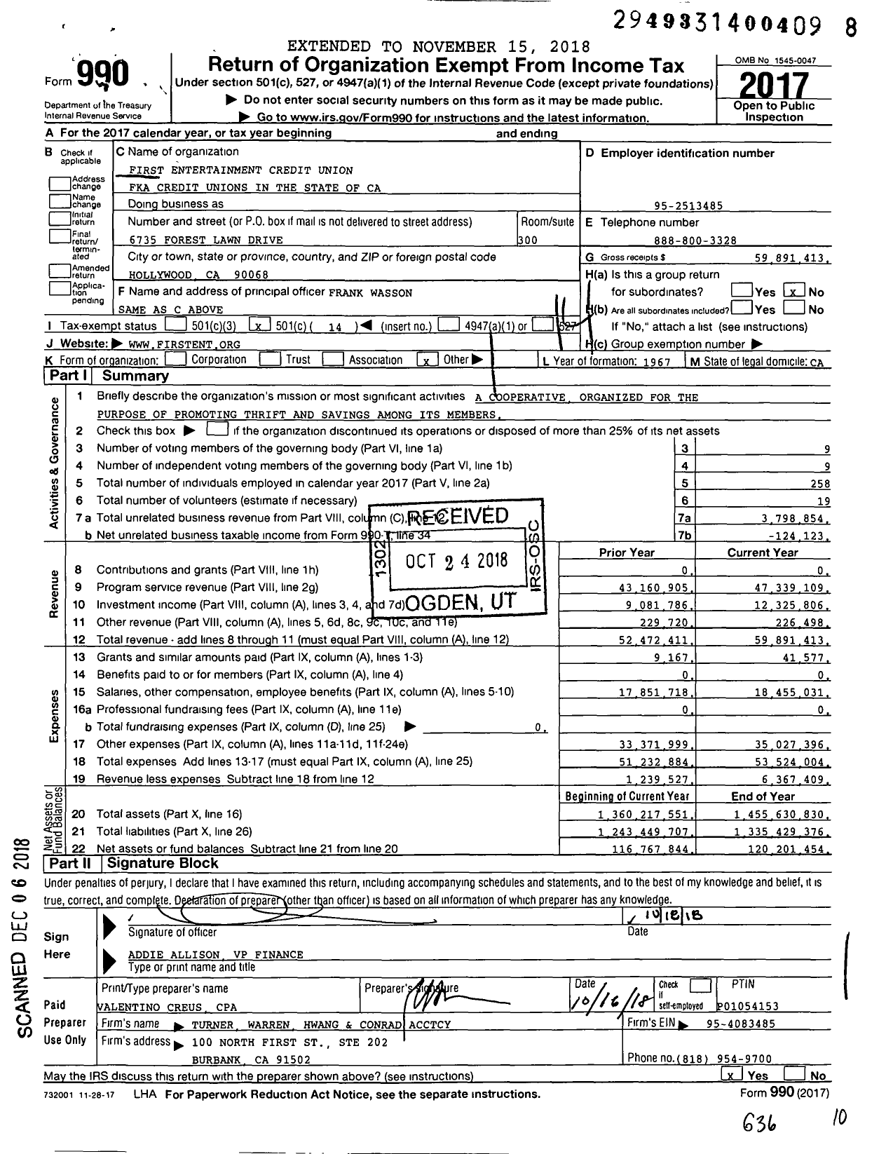 Image of first page of 2017 Form 990O for First Entertainment Credit Union