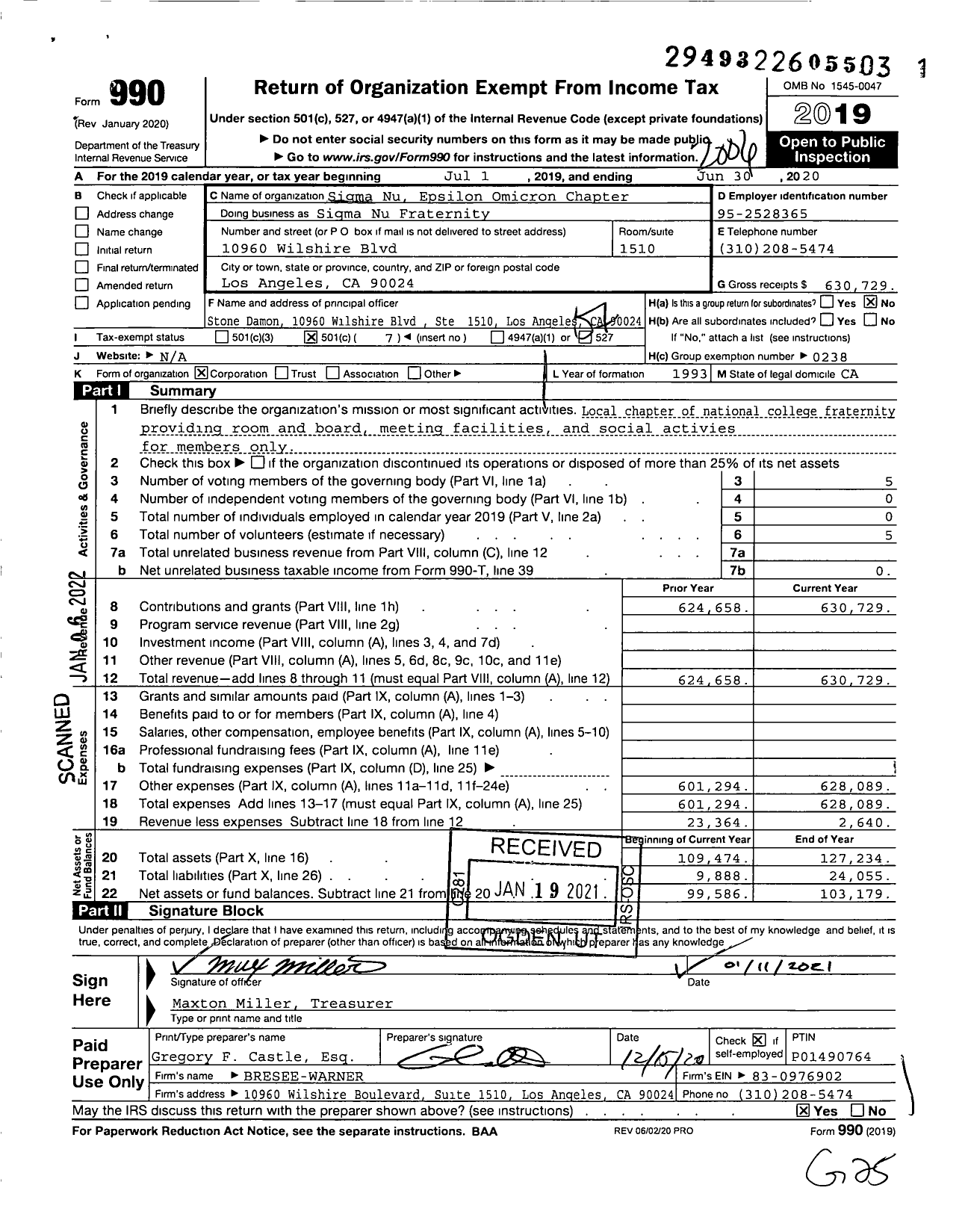 Image of first page of 2019 Form 990O for Sigma Nu Fraternity - Sigma Nu Epsilon Omicron Chapter