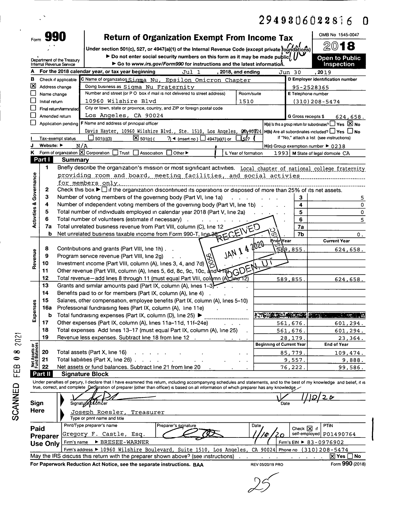 Image of first page of 2018 Form 990O for Sigma Nu Fraternity - Sigma Nu Epsilon Omicron Chapter