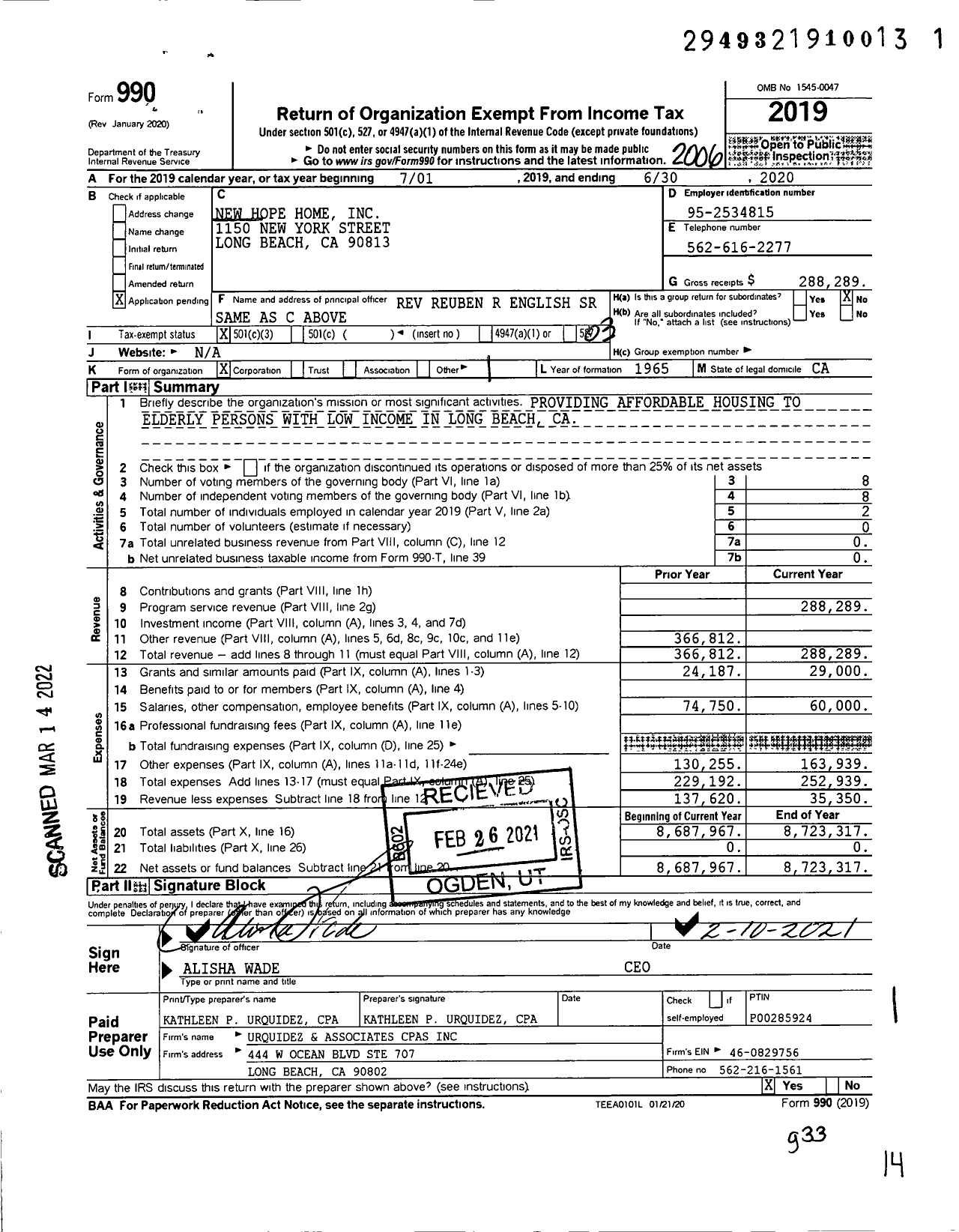 Image of first page of 2019 Form 990 for New Hope Home