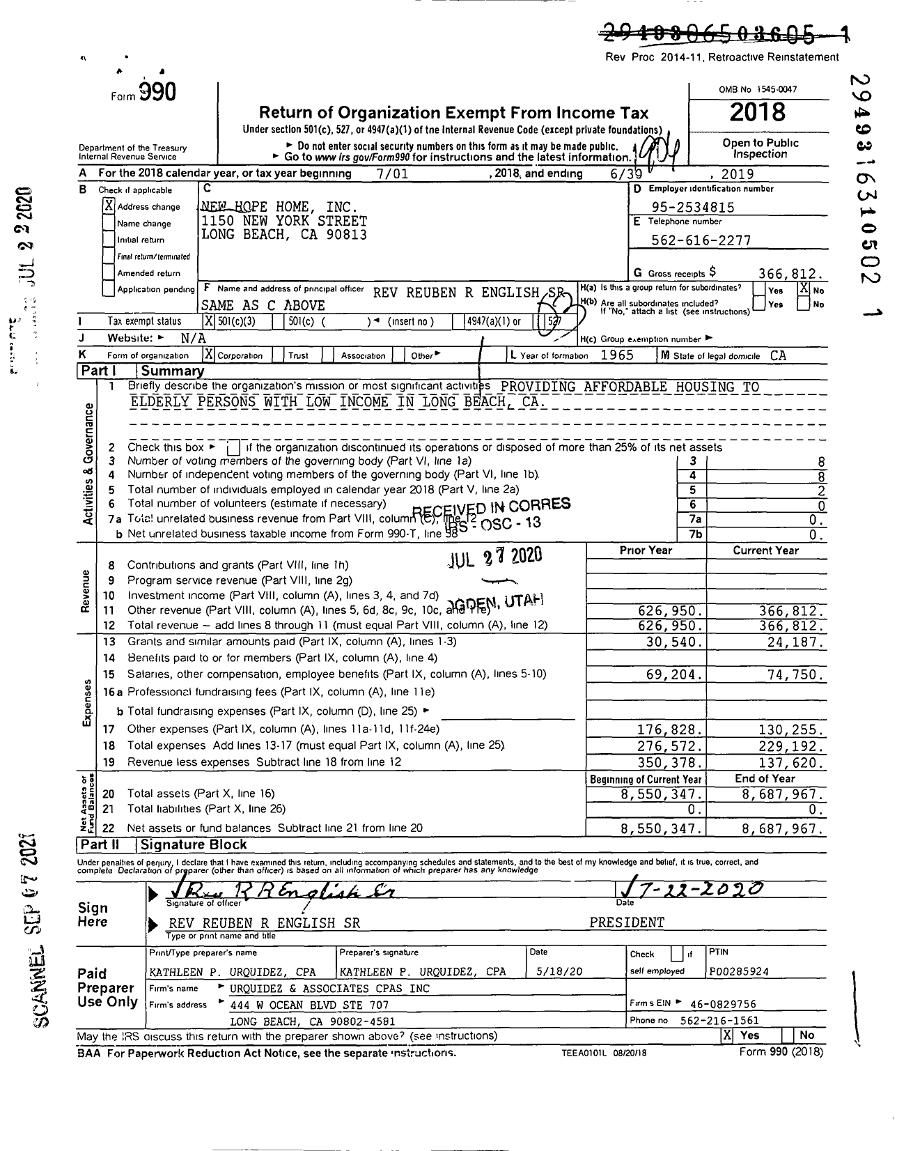 Image of first page of 2018 Form 990 for New Hope Home