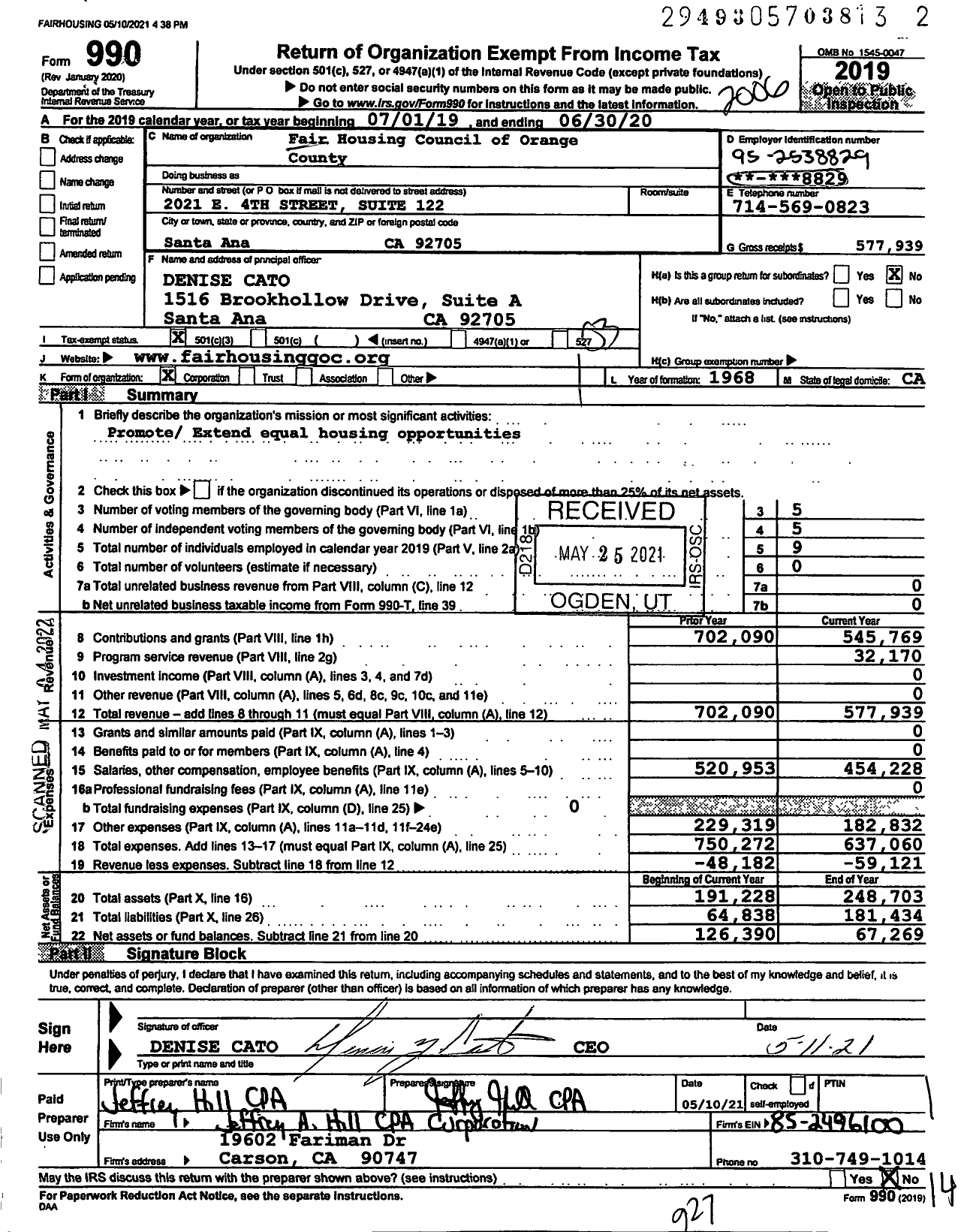 Image of first page of 2019 Form 990 for Orange County Fair Housing