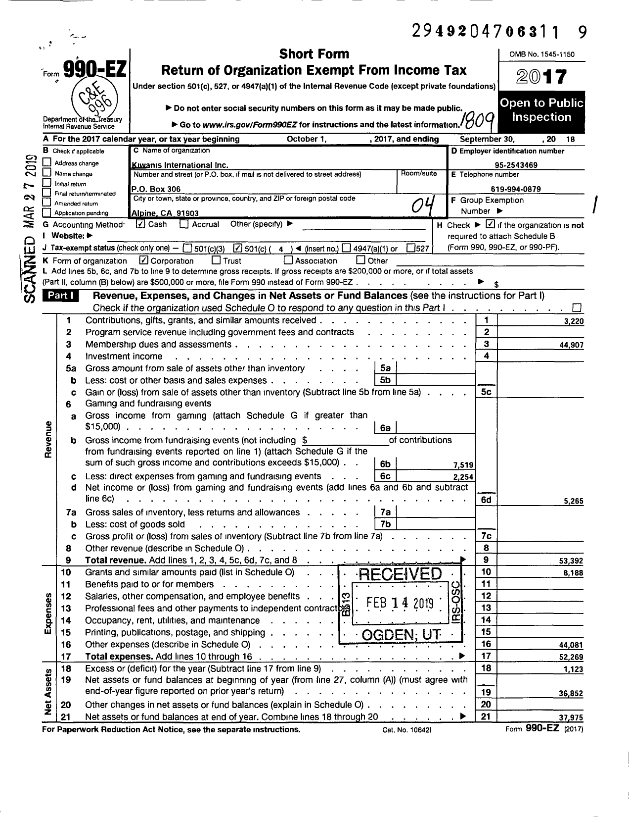 Image of first page of 2017 Form 990EO for Kiwanis International