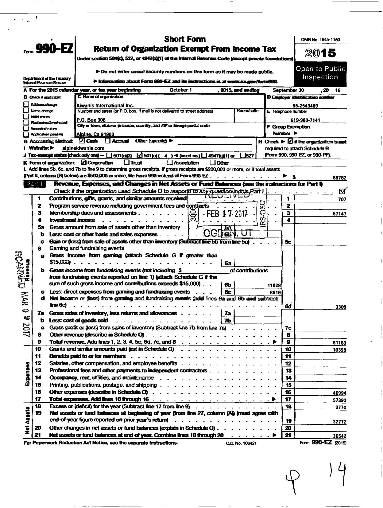 Image of first page of 2015 Form 990EO for Kiwanis International