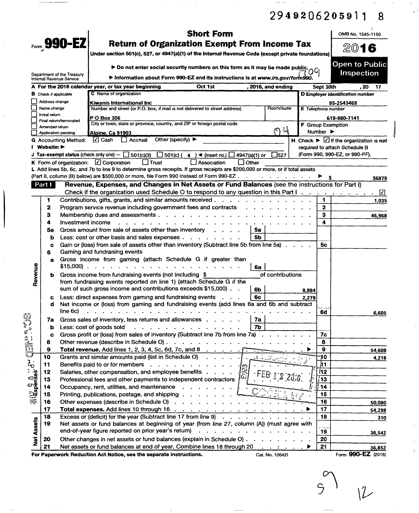 Image of first page of 2016 Form 990EO for Kiwanis International