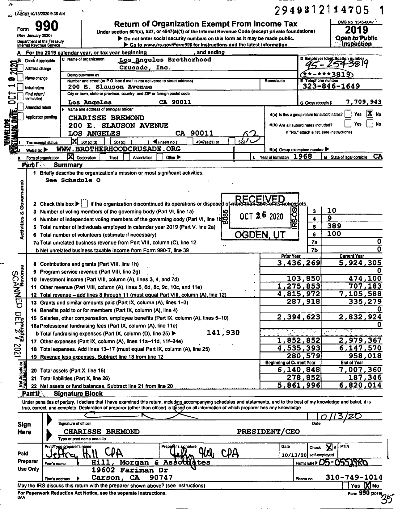 Image of first page of 2019 Form 990 for Los Angeles Brotherhood Crusade - Black United Fund