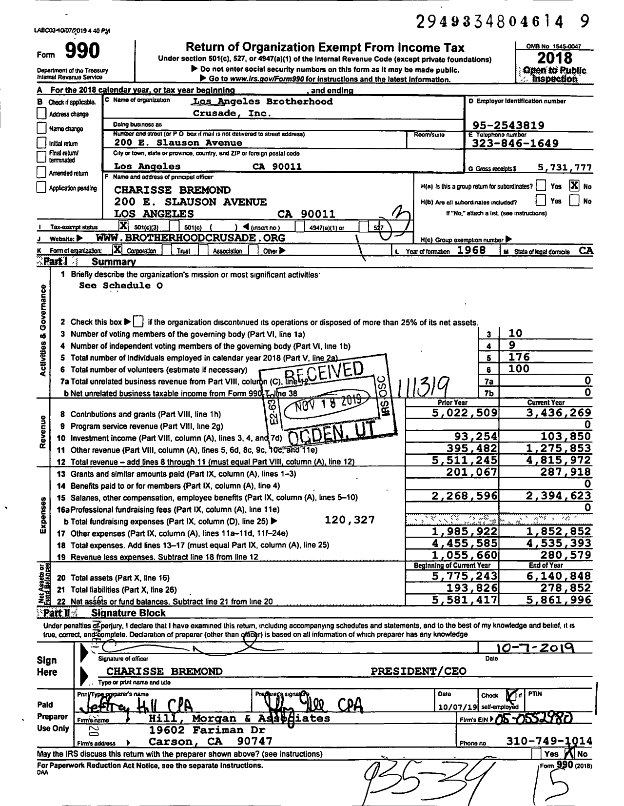 Image of first page of 2018 Form 990 for Los Angeles Brotherhood Crusade - Black United Fund