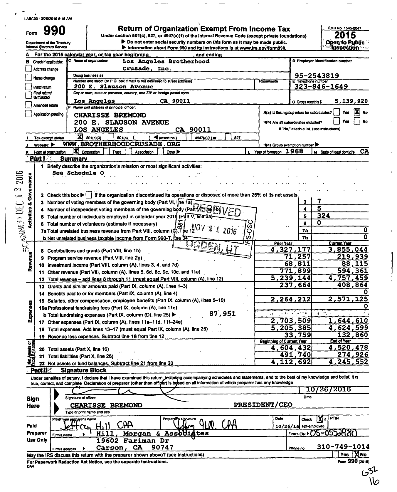 Image of first page of 2015 Form 990 for Los Angeles Brotherhood Crusade - Black United Fund