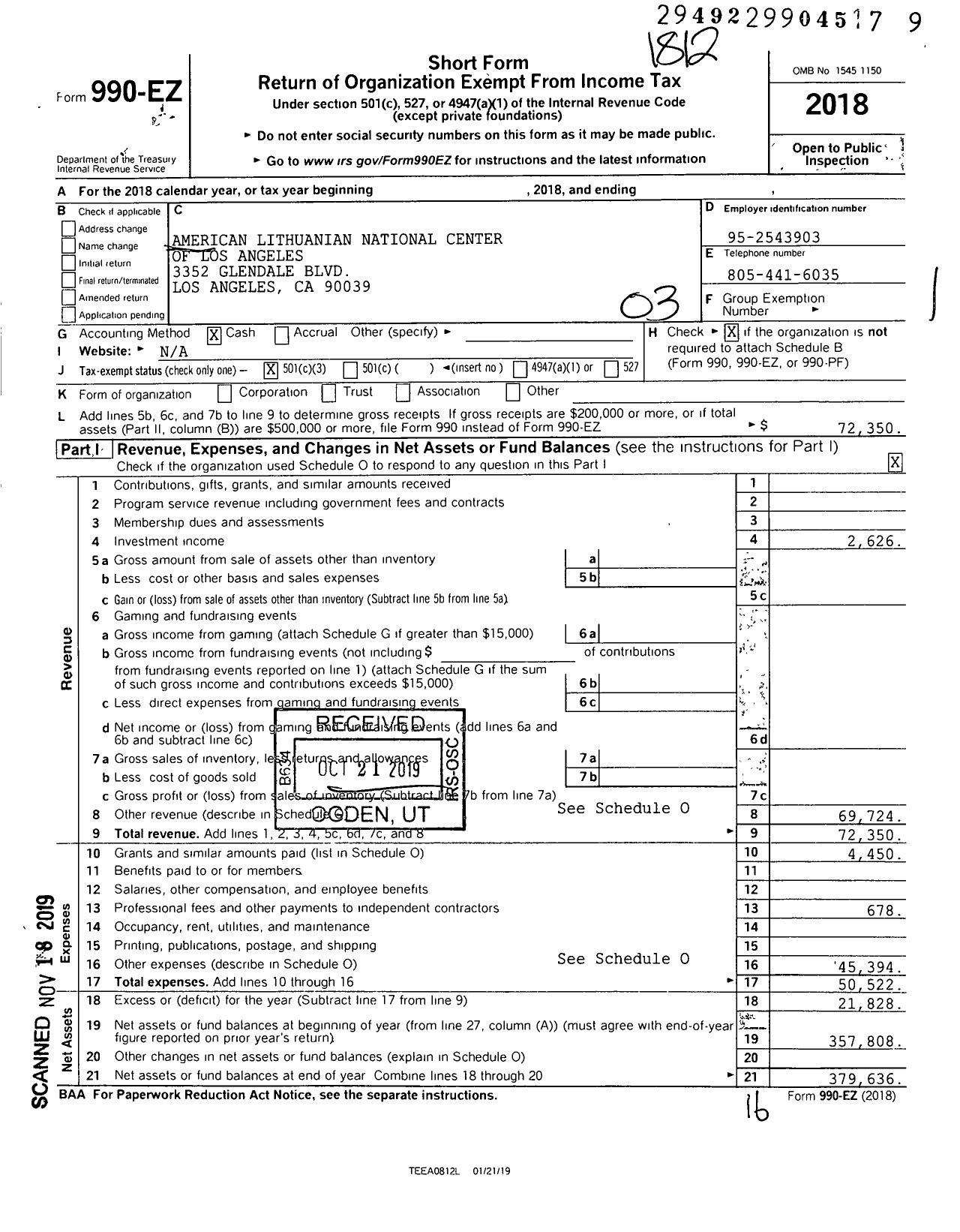 Image of first page of 2018 Form 990EZ for American Lithuanian National Center of Los Angeles