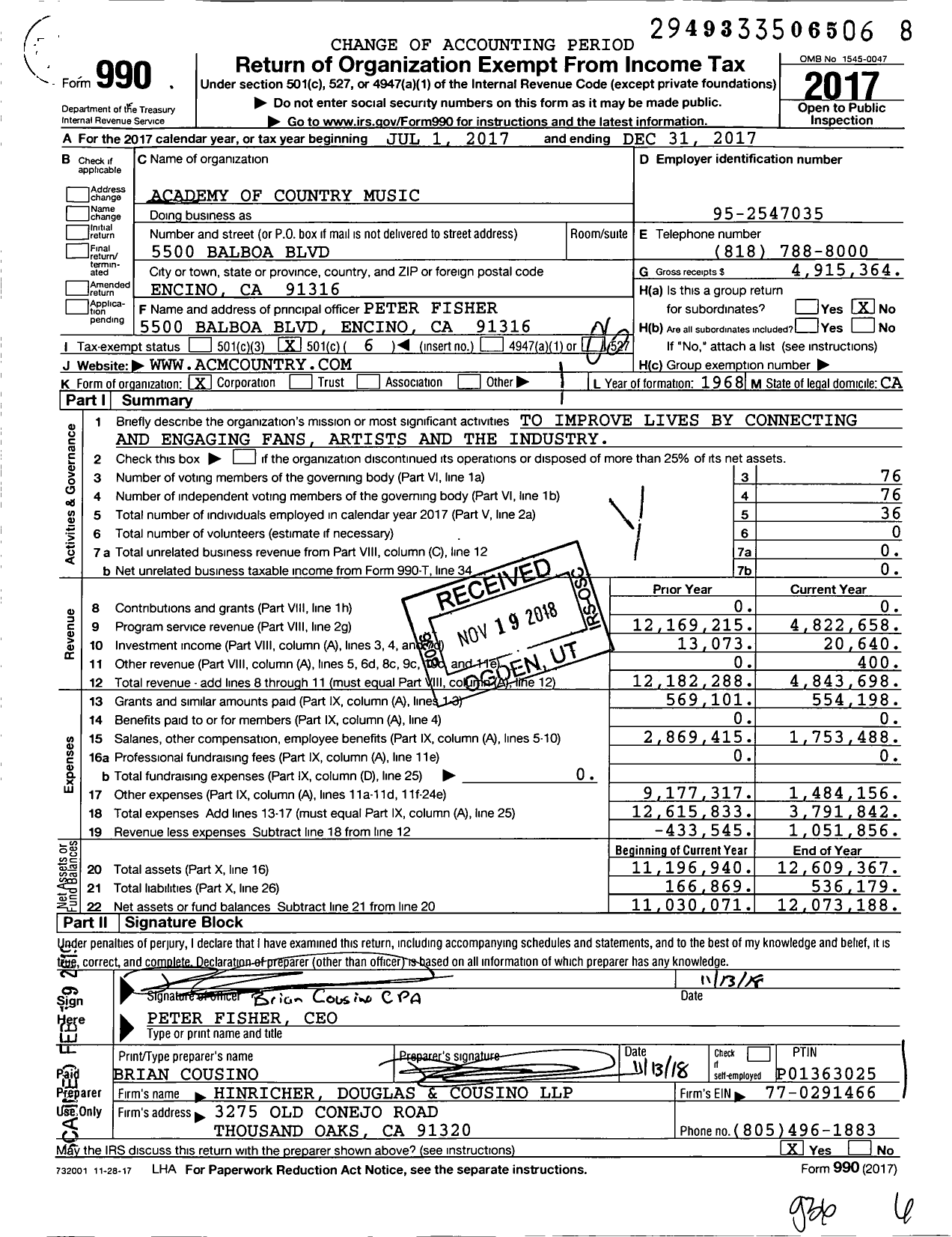 Image of first page of 2017 Form 990O for Academy of Country Music (ACM)