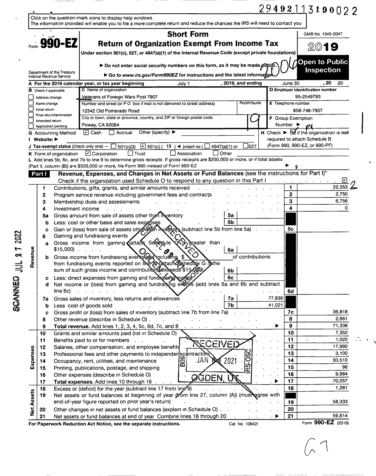 Image of first page of 2019 Form 990EO for VFW California Department - 7907-lt Fred L Kent Post