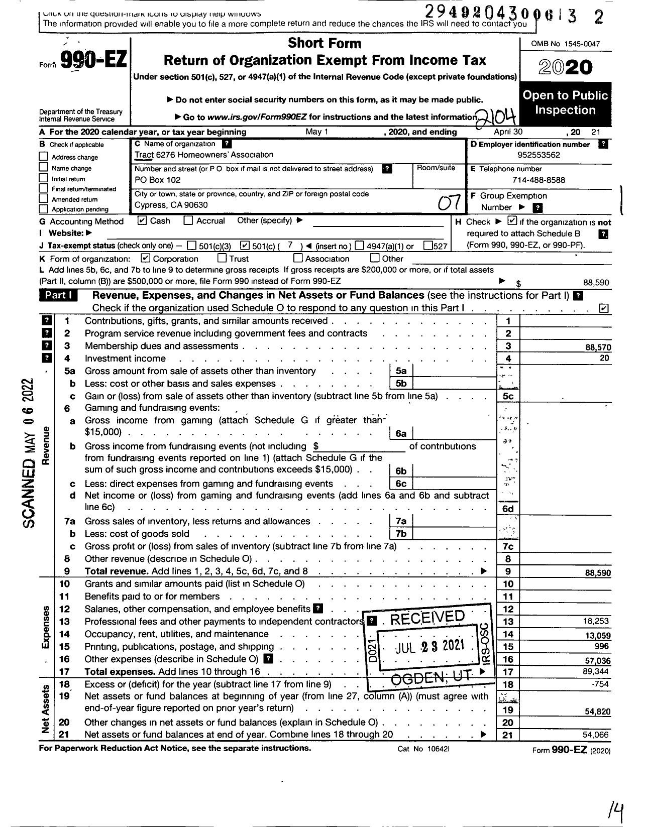 Image of first page of 2020 Form 990EO for Tract 6276 Homeowners Association