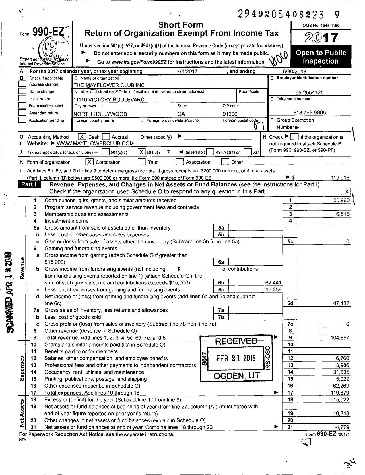 Image of first page of 2017 Form 990EO for The Mayflower Club