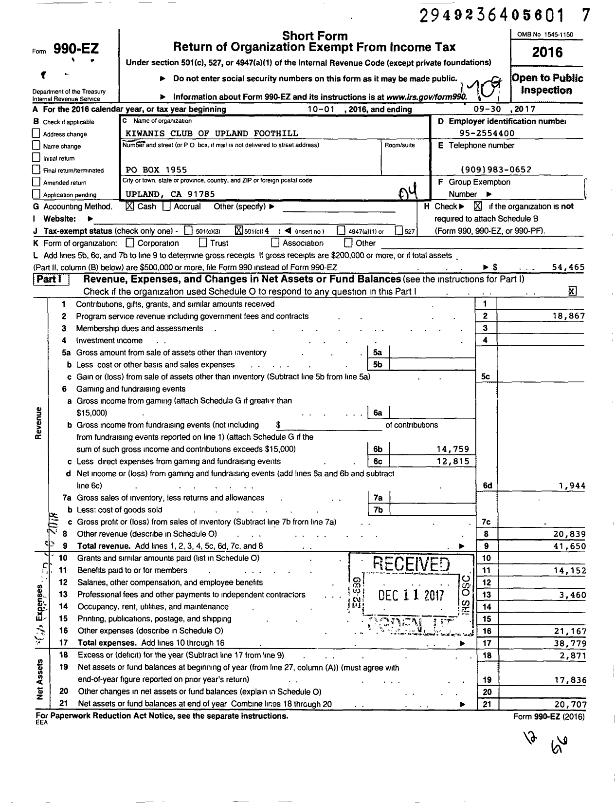 Image of first page of 2016 Form 990EO for Kiwanis International - K06068 Upland-Foothill