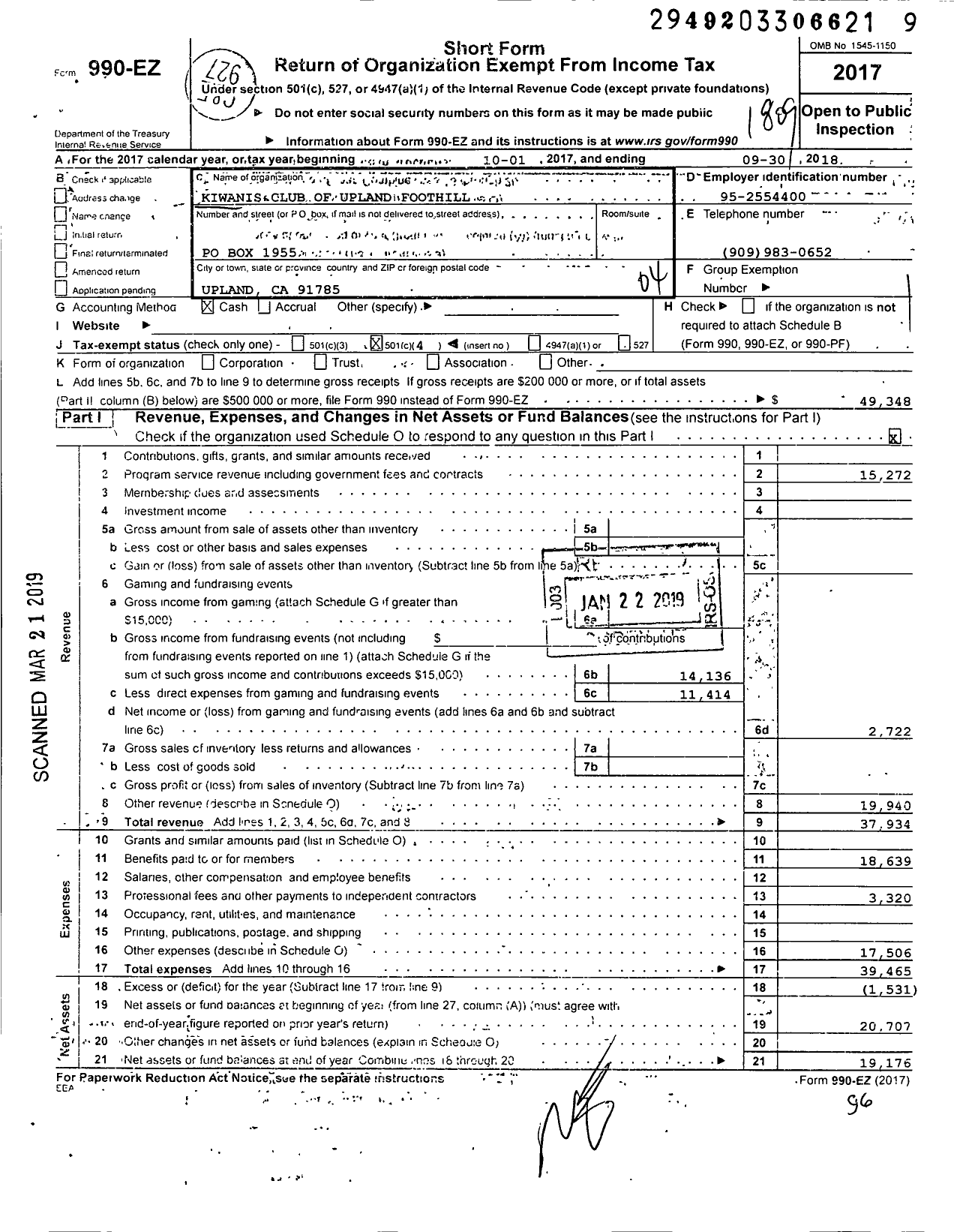 Image of first page of 2017 Form 990EO for Kiwanis International - K06068 Upland-Foothill