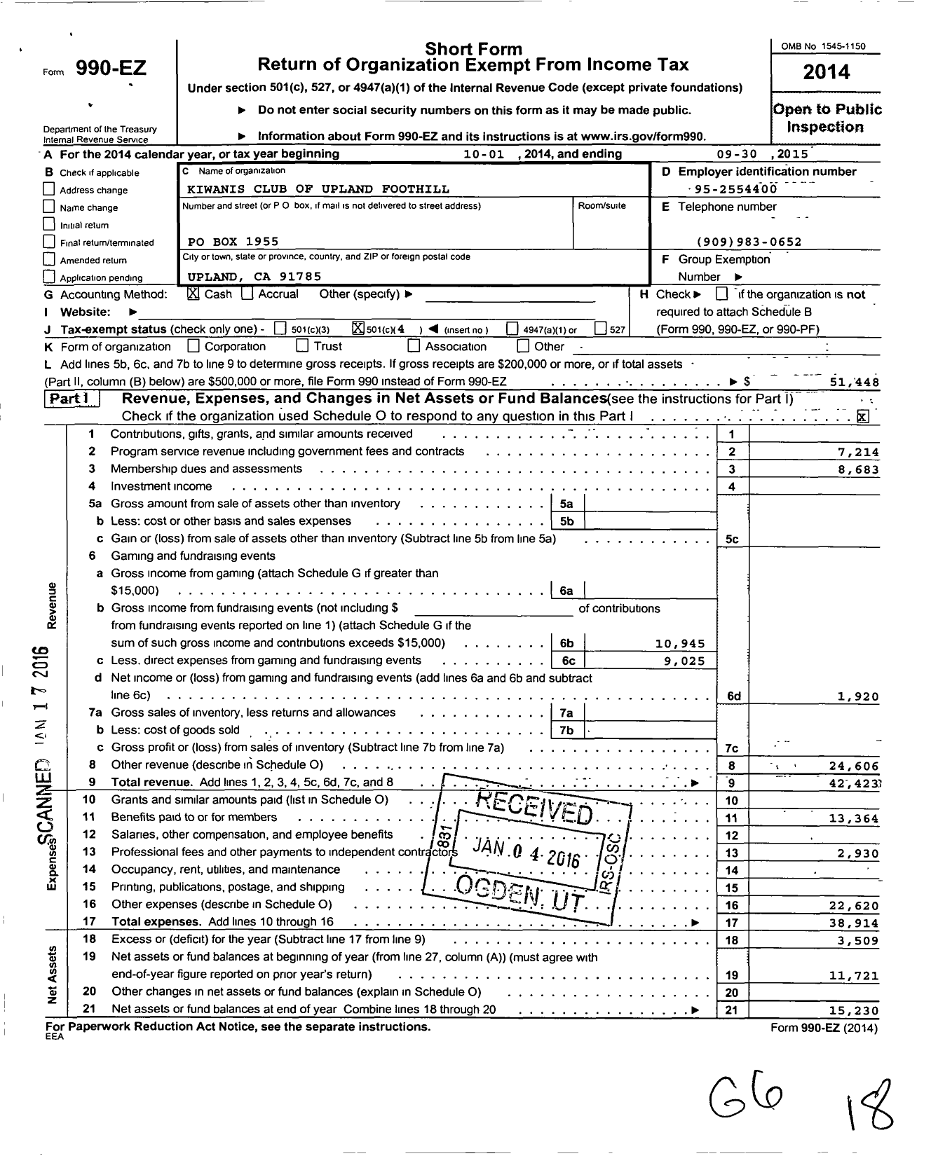 Image of first page of 2014 Form 990EO for Kiwanis International - K06068 Upland-Foothill