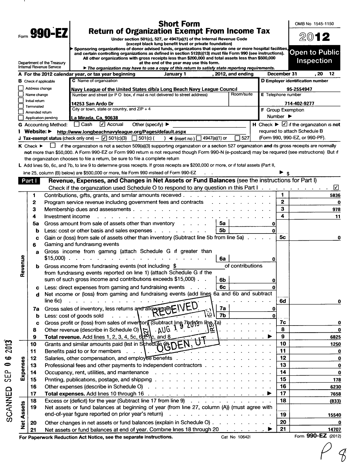 Image of first page of 2012 Form 990EZ for Navy League of the United States / Long Beach Navy League Council