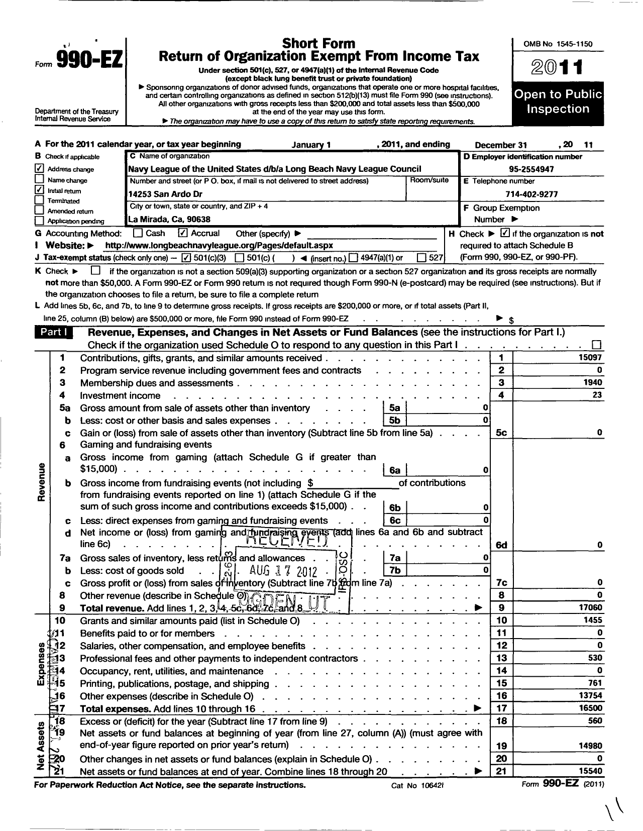 Image of first page of 2011 Form 990EZ for Navy League of the United States / Long Beach Navy League Council